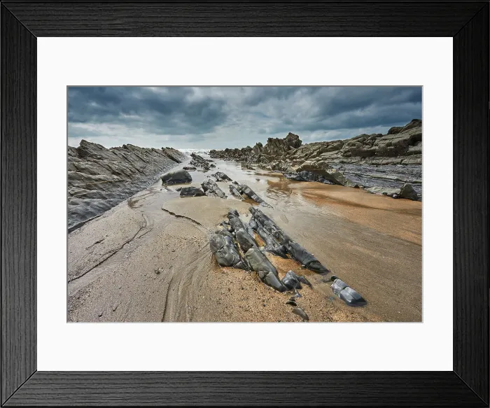 Framed Print : A rocky shore at low tide and under grey skies; at Welcombe Mouth, Hartland, north Devon, England, United Kingdom, Europe Framed Print : A rocky shore at low tide and under grey skies; at Welcombe Mouth, Hartland, north Devon, England, United Kingdom, Europe