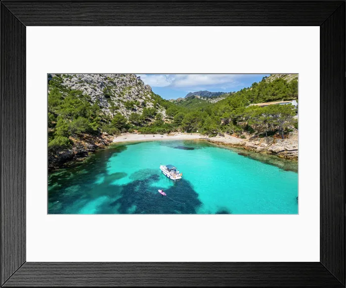 Framed Print : Aerial of a little motorboat in a bay on the Formentor Peninsula, Mallorca, Balearic islands, Spain, Mediterranean, Europe Framed Print : Aerial of a little motorboat in a bay on the Formentor Peninsula, Mallorca, Balearic islands, Spain, Mediterranean, Europe