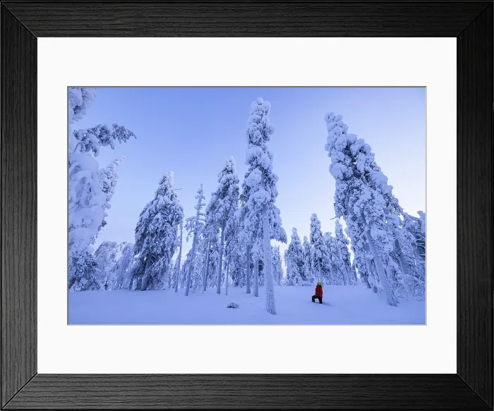 Framed Print : A girl admires the beauty of the snowy woods during a cold winter day, Rovaniemi, Finland, Europe