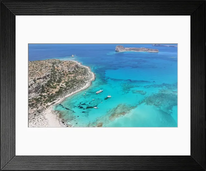 Framed Print : Aerial view of Balos Lagoon, Balos Beach and Cape Tigani, Gramvousa Peninsula, Chania Region, Crete, Greek Islands, Greece, Europe