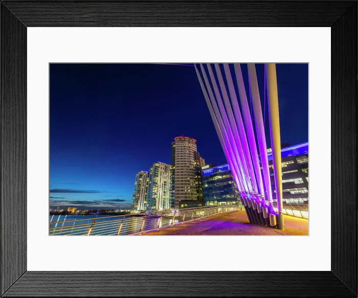 Framed Print : Media City footbridge at dusk, Media City UK, Salford Quays, Greater Manchester, England, United Kingdom, Europe Framed Print : Media City footbridge at dusk, Media City UK, Salford Quays, Greater Manchester, England, United Kingdom, Europe