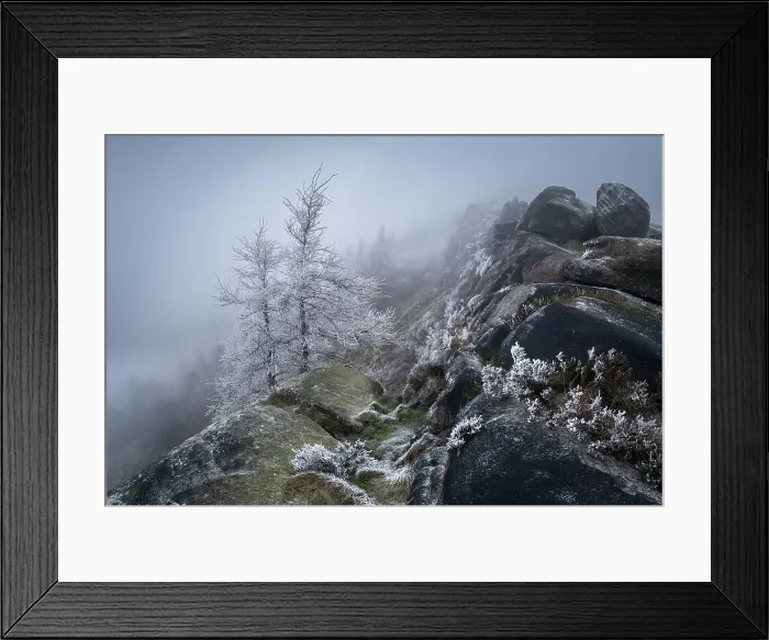 Framed Print : Hoar frosted trees and freezing fog at The Roaches rock formation in Winter, The Roaches, near Leek, Peak District National Park, Staffordshire Moorlands, Staffordshire, England, United Kingdom, Europe Framed Print : Hoar frosted trees and freezing fog at The Roaches rock formation in Winter, The Roaches, near Leek, Peak District National Park, Staffordshire Moorlands, Staffordshire, England, United Kingdom, Europe