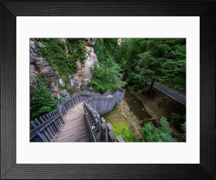 Framed Print : Wooden staircase in Mullerthal hiking trail in the forest, Echternach, Luxembourg, Europe Framed Print : Wooden staircase in Mullerthal hiking trail in the forest, Echternach, Luxembourg, Europe