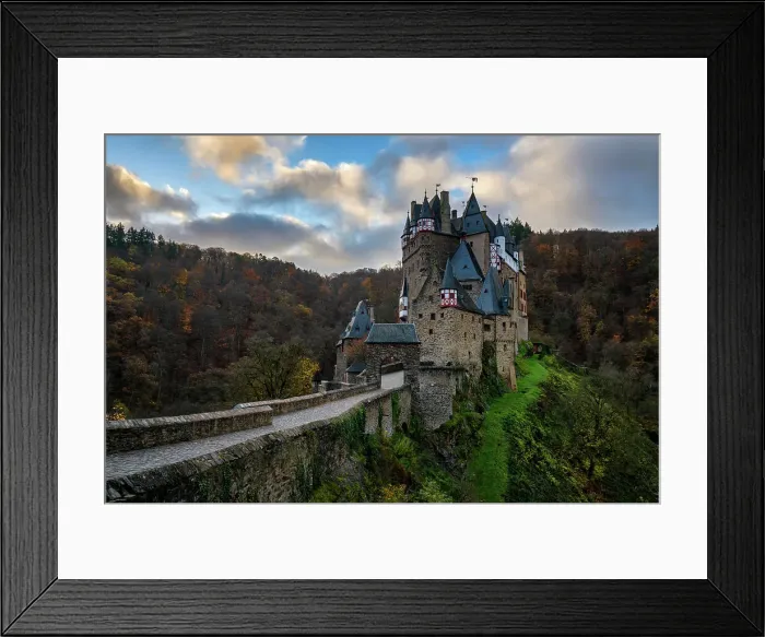 Framed Print : Eltz medieval historic castle in an autumn landscape with trees at sunrise, Wierschem, Rhineland-Palatinate, Germany, Europe Framed Print : Eltz medieval historic castle in an autumn landscape with trees at sunrise, Wierschem, Rhineland-Palatinate, Germany, Europe