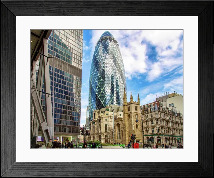 Framed Print : The 16th century St. Andrew Undershaft Church, St. Mary Axe, with the Gherkin, built in 2003, behind, City of London, London, England, United Kingdom, Europe Framed Print : The 16th century St. Andrew Undershaft Church, St. Mary Axe, with the Gherkin, built in 2003, behind, City of London, London, England, United Kingdom, Europe