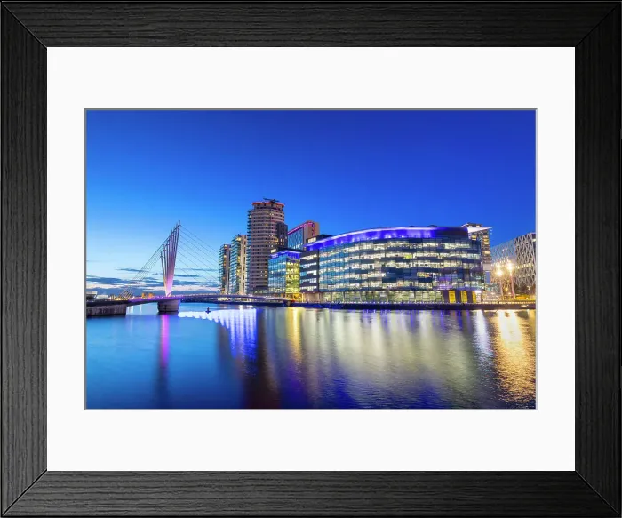 Framed Print : Media City UK at dusk, footbridge, BBC Studios, Salford Quays, Greater Manchester, England, United Kingdom, Europe