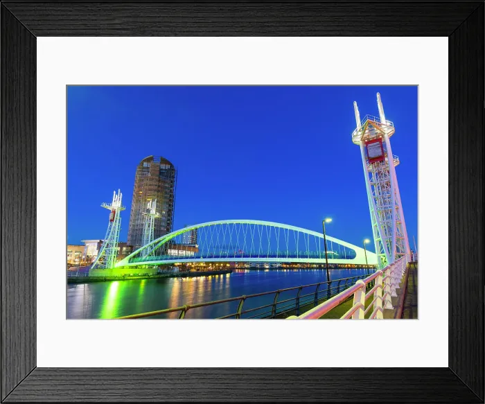 Framed Print : Millennium Bridge, footbridge at dusk, Salford Quays, Media City UK, Greater Manchester, England, United Kingdom, Europe Framed Print : Millennium Bridge, footbridge at dusk, Salford Quays, Media City UK, Greater Manchester, England, United Kingdom, Europe