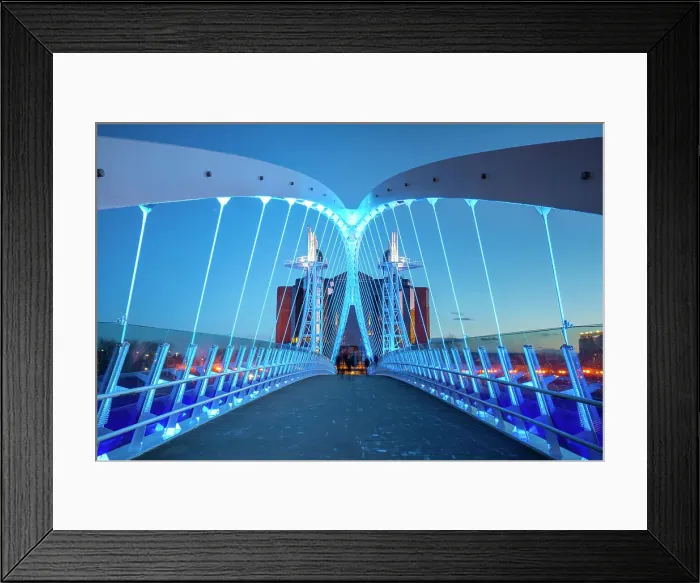 Framed Print : Millennium Bridge, footbridge at dusk, Salford Quays, Media City UK, Greater Manchester, England, United Kingdom, Europe Framed Print : Millennium Bridge, footbridge at dusk, Salford Quays, Media City UK, Greater Manchester, England, United Kingdom, Europe
