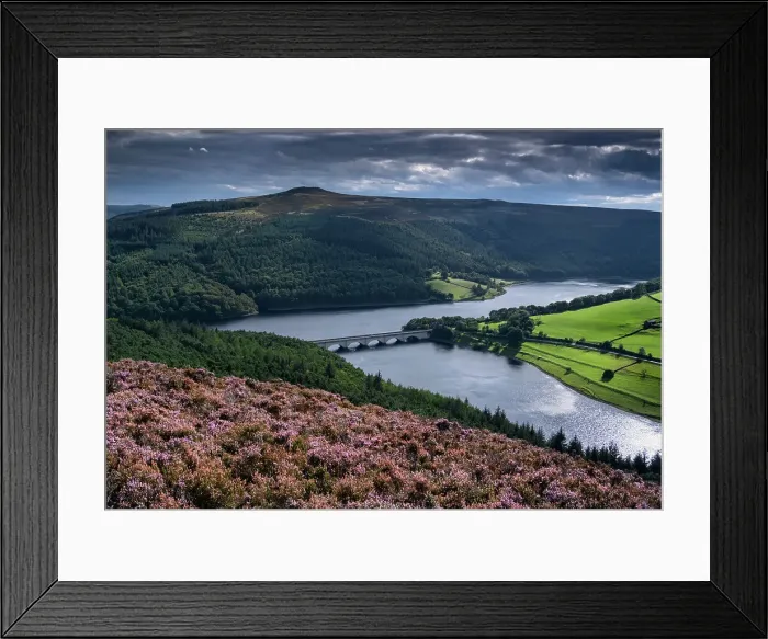 Framed Print : Ladybower Reservoir and Win Hill in summer from heather clad Derwent Edge, Peak District National Park, Derbyshire, England, United Kingdom, Europe Framed Print : Ladybower Reservoir and Win Hill in summer from heather clad Derwent Edge, Peak District National Park, Derbyshire, England, United Kingdom, Europe