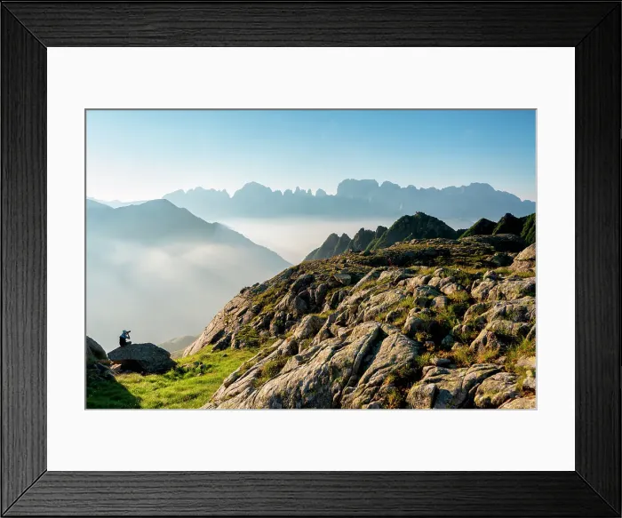Framed Print : Photographer in Brenta Dolomites in summer season, Trentino Alto Adige, Italy, Europe