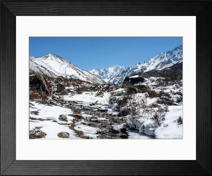 Framed Print : Icy river leading along the Lang Tang Valley towards the snow and ice capped Gangchempo, and Kyanjin Gompa, Himalayas, Nepal, Asia Framed Print : Icy river leading along the Lang Tang Valley towards the snow and ice capped Gangchempo, and Kyanjin Gompa, Himalayas, Nepal, Asia