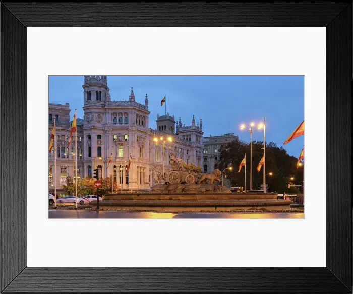 Framed Print : Scenic view of Plaza de Cibeles, featuring the majestic Cibeles Palace in the background and the famous Cibeles Fountain in the foreground, Madrid, Spain, Europe