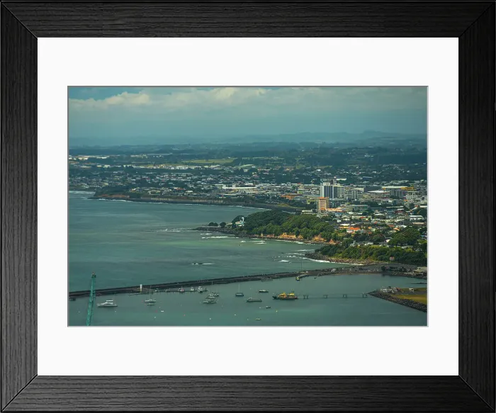 Framed Print : View onto the shore and skyline of New Plymouth, looking along the coastline, New Plymouth, North Island, New Zealand, Pacific