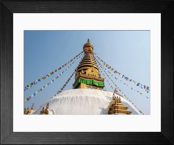 Framed Print : Blue sky and prayer flags at the large Swayambhu (Swayanbhunath) Stupa, UNESCO World Heritage Site, Kathmandu, Nepal, Asia Framed Print : Blue sky and prayer flags at the large Swayambhu (Swayanbhunath) Stupa, UNESCO World Heritage Site, Kathmandu, Nepal, Asia