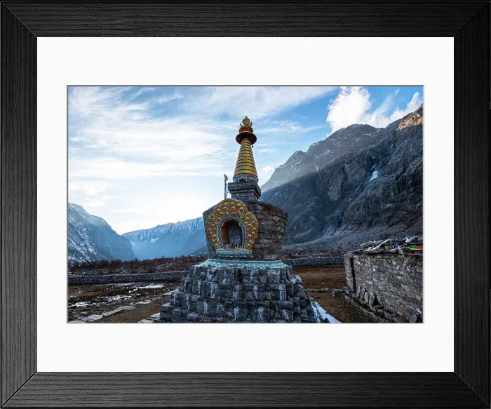 Framed Print : Enlightenment Stupa in a high Himalayan valley of Lang Tang Trek, Himalayas, Nepal, Asia Framed Print : Enlightenment Stupa in a high Himalayan valley of Lang Tang Trek, Himalayas, Nepal, Asia