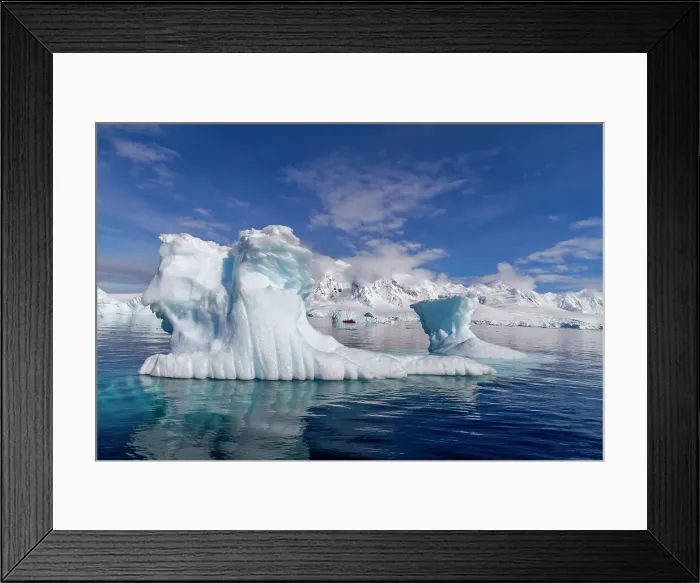 Framed Print : View of calm seas and icebergs with reflected mountains surrounding Damoy Point in Dorian Bay, Antarctica, Polar Regions Framed Print : View of calm seas and icebergs with reflected mountains surrounding Damoy Point in Dorian Bay, Antarctica, Polar Regions