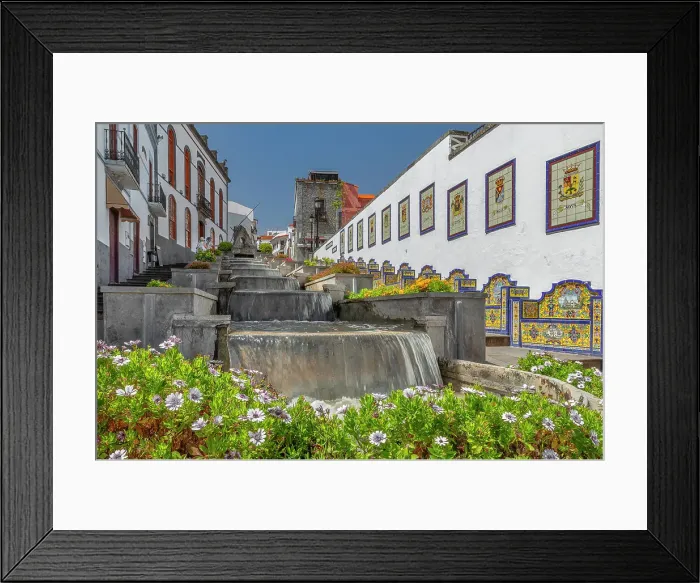 Framed Print : Ceramic benches by water stairs Paseo de Canarias, Firgas, Gran Canaria, Canary Islands, Spain, Atlantic, Europe Framed Print : Ceramic benches by water stairs Paseo de Canarias, Firgas, Gran Canaria, Canary Islands, Spain, Atlantic, Europe