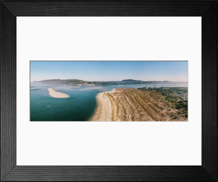Framed Print : Aerial drone panoramic view of Troia, a peninsula located in Grandola Municipality, next to Sado River estuary, with Arrabida mountain range on left, Alentejo, Portugal, Europe Framed Print : Aerial drone panoramic view of Troia, a peninsula located in Grandola Municipality, next to Sado River estuary, with Arrabida mountain range on left, Alentejo, Portugal, Europe