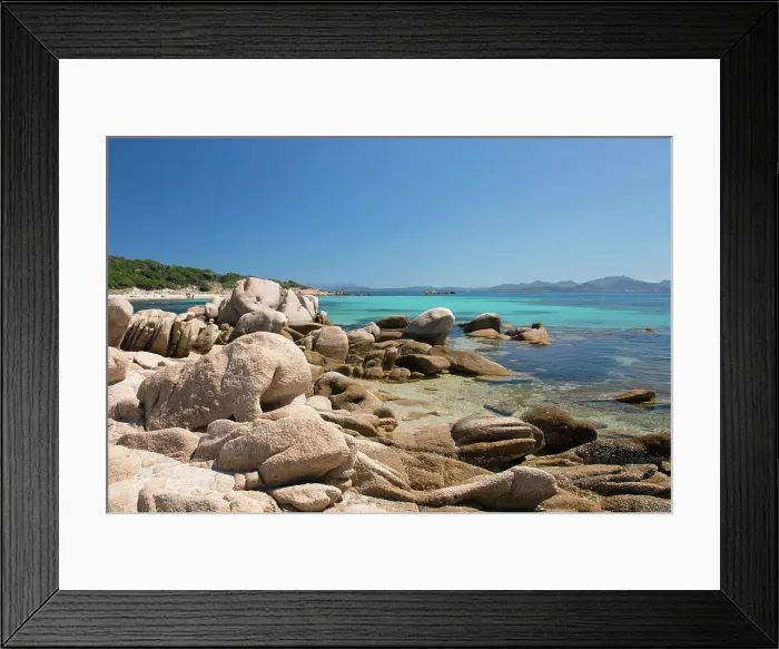 Framed Print : View across tranquil Cala Volpe, granite rocks on shore, La Celvia, Costa Smeralda, Arzachena, Sassari, Sardinia, Italy, Mediterranean, Europe