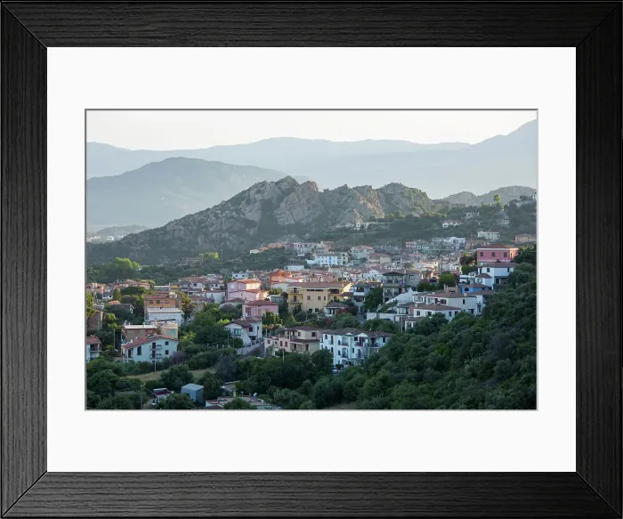 Framed Print : View over village rooftops from hilltop viewpoint, sunset, Santa Maria Navarrese, Baunei, Nuoro, Sardinia, Italy, Mediterranean, Europe