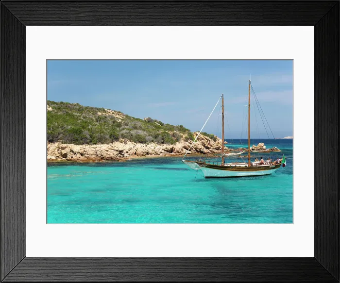 Framed Print : Wooden sailing boat anchored in clear turquoise water off Cala Granara, Spargi Island, La Maddalena Archipelago National Park, Sassari, Sardinia, Italy, Mediterranean, Europe Framed Print : Wooden sailing boat anchored in clear turquoise water off Cala Granara, Spargi Island, La Maddalena Archipelago National Park, Sassari, Sardinia, Italy, Mediterranean, Europe