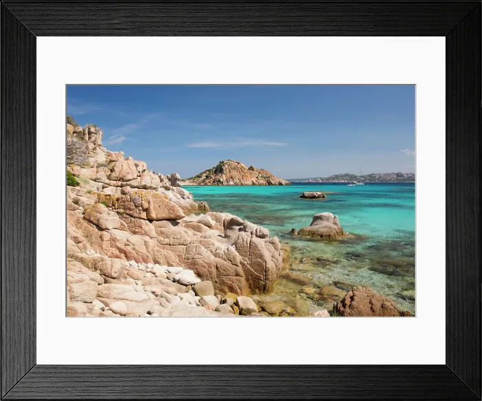 Framed Print : View from rocks across the clear turquoise waters of Cala Corsara to the pink granite headland of Punta Rossa Corsara, Spargi Island, La Maddalena Archipelago National Park, Sassari, Sardinia, Italy, Mediterranean, Europe Framed Print : View from rocks across the clear turquoise waters of Cala Corsara to the pink granite headland of Punta Rossa Corsara, Spargi Island, La Maddalena Archipelago National Park, Sassari, Sardinia, Italy, Mediterranean, Europe