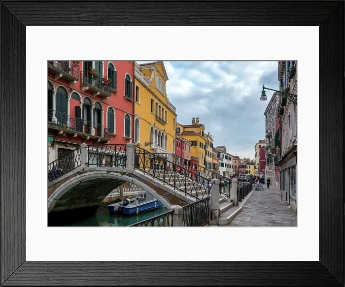 Framed Print : Venice street with colorful houses and a bridge over the canal with boats, Venice, UNESCO World Heritage Site, Veneto, Italy, Europe Framed Print : Venice street with colorful houses and a bridge over the canal with boats, Venice, UNESCO World Heritage Site, Veneto, Italy, Europe