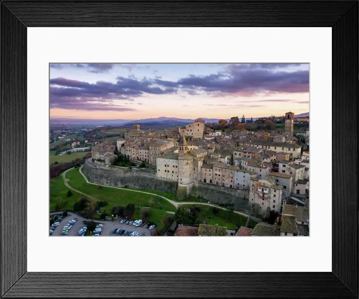 Framed Print : Aerial drone view of traditional old village with iconic monuments at sunset, Anghiari, Tuscany, Italy, Europe Framed Print : Aerial drone view of traditional old village with iconic monuments at sunset, Anghiari, Tuscany, Italy, Europe