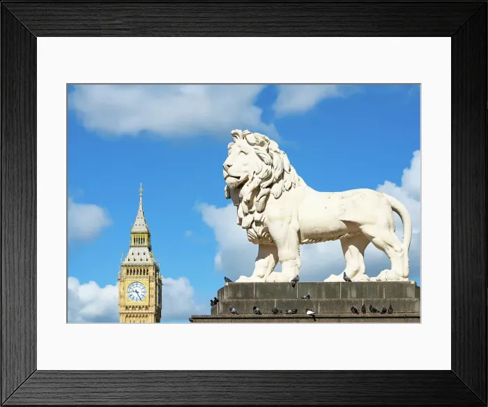 Framed Print : The South Bank Lion on Westminster Bridge, cast in 1837, with Big Ben (The Elizabeth Tower) of the Palace of Westminster in the background, London, England, United Kingdom, Europe Framed Print : The South Bank Lion on Westminster Bridge, cast in 1837, with Big Ben (The Elizabeth Tower) of the Palace of Westminster in the background, London, England, United Kingdom, Europe