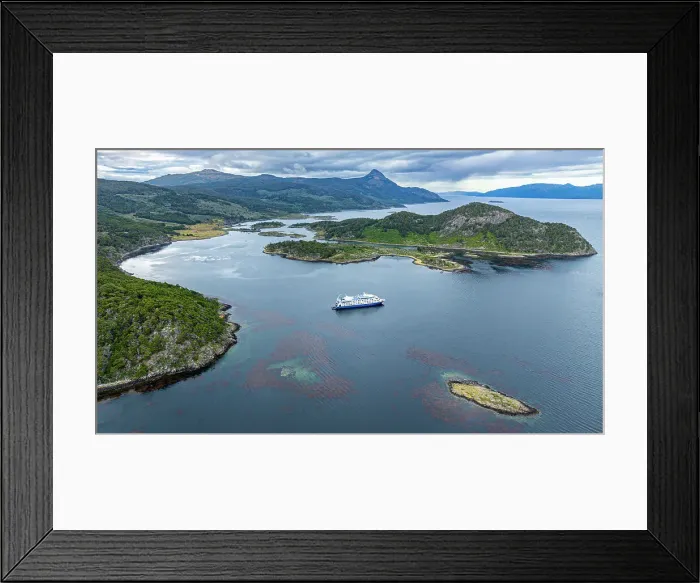 Framed Print : Aerial of a cruise ship anchoring in Wulaia Bay, Tierra del Fuego, Chile, South America Framed Print : Aerial of a cruise ship anchoring in Wulaia Bay, Tierra del Fuego, Chile, South America