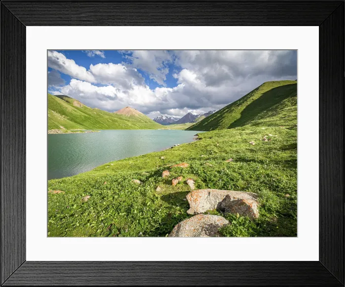 Framed Print : Tranquil Kol Ukok Lake surrounded by green mountains under a blue sky, Kyrgyzstan, Central Asia, Asia Framed Print : Tranquil Kol Ukok Lake surrounded by green mountains under a blue sky, Kyrgyzstan, Central Asia, Asia
