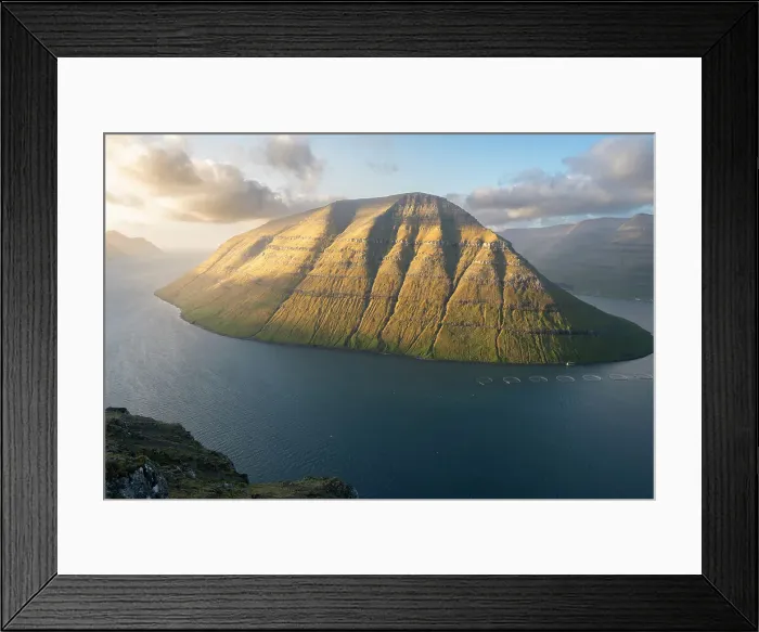 Framed Print : Mountain landscape with golden light at sunset, Faroe Islands, Denmark, Atlantic, Europe Framed Print : Mountain landscape with golden light at sunset, Faroe Islands, Denmark, Atlantic, Europe