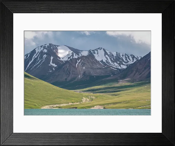 Framed Print : Scenic mountain landscape with lush greenery and snow-capped peaks above Kol Ukok Lake, Kyrgyzstan, Central Asia, Asia Framed Print : Scenic mountain landscape with lush greenery and snow-capped peaks above Kol Ukok Lake, Kyrgyzstan, Central Asia, Asia