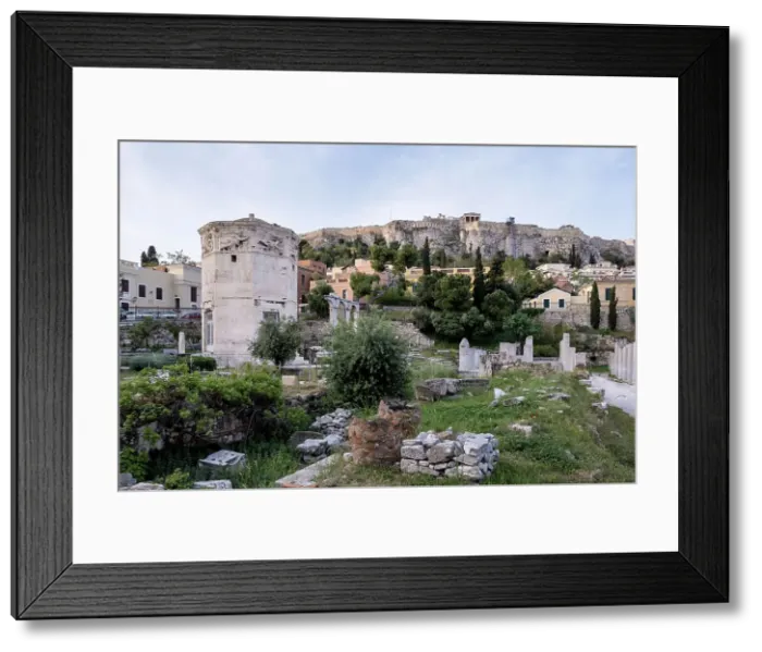 Framed Print : Sunrise view of the Roman Agora, showcasing the Tower of the Winds, an octagonal Pentelic marble clock tower, with the Acropolis in the background, Athens, Greece, Europe
