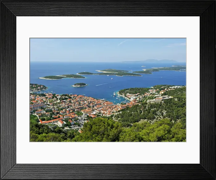 Framed Print : View over Hvar city from the fortress Napoleon with Hell's Islands (Pakleni) in the background, Hvar island, Croatia, Southeast Europe Framed Print : View over Hvar city from the fortress Napoleon with Hell's Islands (Pakleni) in the background, Hvar island, Croatia, Southeast Europe