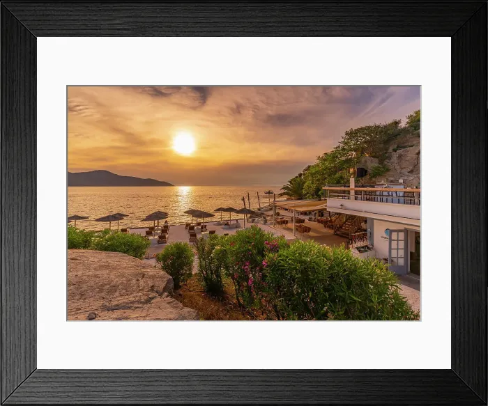 Framed Print : View of beach bar and sea at sunset in Thassos Town, Thassos, Aegean Sea, Greek Islands, Greece, Europe Framed Print : View of beach bar and sea at sunset in Thassos Town, Thassos, Aegean Sea, Greek Islands, Greece, Europe