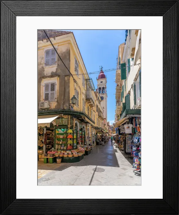 Framed Print : View of shops and Holy Church of Saint Spyridon, Corfu Old Town, UNESCO World Heritage Site, Corfu, The Ionian Islands, Greek Islands, Greece, Europe