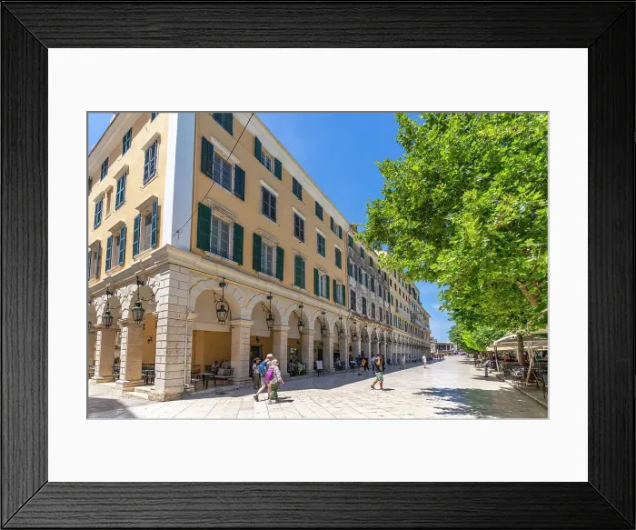 Framed Print : View of buildings and restaurants on the Liston Esplanade, Corfu Old Town, Corfu, The Ionian Islands, Greek Islands, Greece, Europe
