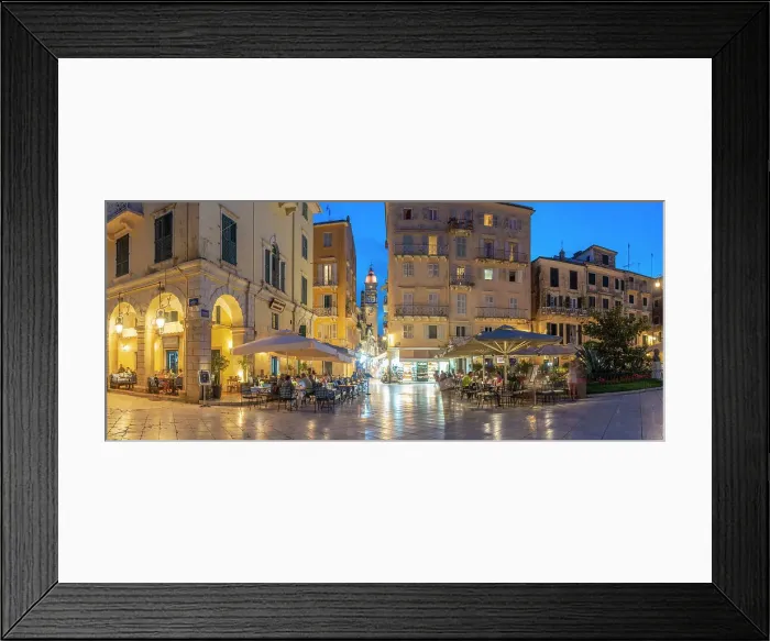 Framed Print : View of buildings and restaurants on Kofineta Square at dusk, Corfu Old Town, UNESCO World Heritage Site, Corfu, The Ionian Islands, Greek Islands, Greece, Europe Framed Print : View of buildings and restaurants on Kofineta Square at dusk, Corfu Old Town, UNESCO World Heritage Site, Corfu, The Ionian Islands, Greek Islands, Greece, Europe