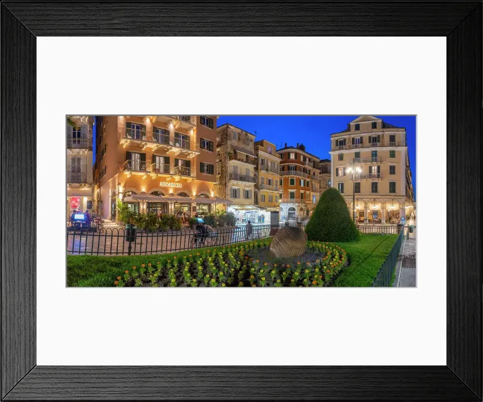 Framed Print : View of restaurants and bars in Pot throwing (Botides) at dusk, Corfu Town, Corfu, Ionian Sea, Greek Islands, Greece, Europe Framed Print : View of restaurants and bars in Pot throwing (Botides) at dusk, Corfu Town, Corfu, Ionian Sea, Greek Islands, Greece, Europe