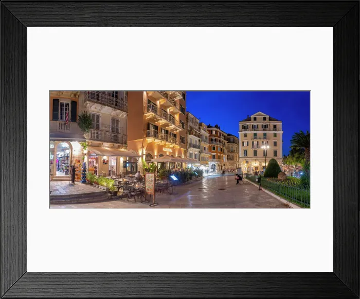 Framed Print : View of restaurants and bars in Pot throwing (Botides) at dusk, Corfu Town, Corfu, Ionian Sea, Greek Islands, Greece, Europe Framed Print : View of restaurants and bars in Pot throwing (Botides) at dusk, Corfu Town, Corfu, Ionian Sea, Greek Islands, Greece, Europe