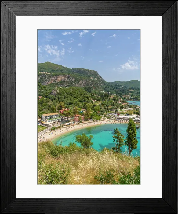 Framed Print : View of Agios Spiridon Beach from Monastery of Paleokastritsa in Palaiokastritsa, Corfu, Ionian Sea, Greek Islands, Greece, Europe Framed Print : View of Agios Spiridon Beach from Monastery of Paleokastritsa in Palaiokastritsa, Corfu, Ionian Sea, Greek Islands, Greece, Europe
