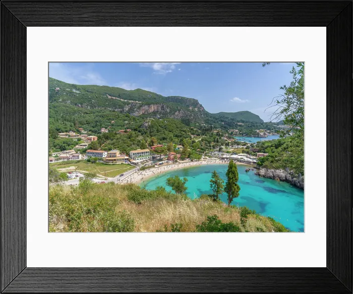Framed Print : View of Agios Spiridon Beach from Monastery of Paleokastritsa in Palaiokastritsa, Corfu, Ionian Sea, Greek Islands, Greece, Europe Framed Print : View of Agios Spiridon Beach from Monastery of Paleokastritsa in Palaiokastritsa, Corfu, Ionian Sea, Greek Islands, Greece, Europe