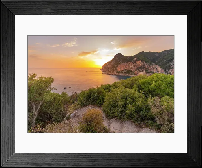 Framed Print : View of coastline from Monastery of Paleokastritsa at sunset, Palaiokastritsa, Corfu, Ionian Sea, Greek Islands, Greece, Europe Framed Print : View of coastline from Monastery of Paleokastritsa at sunset, Palaiokastritsa, Corfu, Ionian Sea, Greek Islands, Greece, Europe