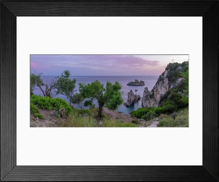 Framed Print : View of coastline from Monastery of Paleokastritsa at sunset, Palaiokastritsa, Corfu, Ionian Sea, Greek Islands, Greece, Europe Framed Print : View of coastline from Monastery of Paleokastritsa at sunset, Palaiokastritsa, Corfu, Ionian Sea, Greek Islands, Greece, Europe
