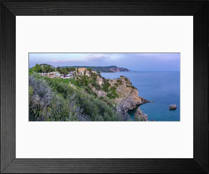 Framed Print : View of coastline from Monastery of Paleokastritsa at sunset, Palaiokastritsa, Corfu, Ionian Sea, Greek Islands, Greece, Europe