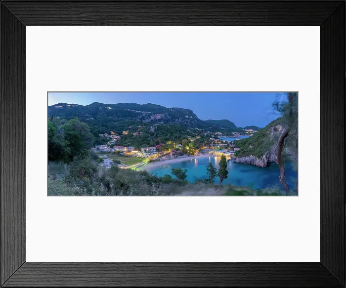 Framed Print : View of Agios Spiridon Beach from Monastery of Paleokastritsa at night, Palaiokastritsa, Corfu, Ionian Sea, Greek Islands, Greece, Europe Framed Print : View of Agios Spiridon Beach from Monastery of Paleokastritsa at night, Palaiokastritsa, Corfu, Ionian Sea, Greek Islands, Greece, Europe