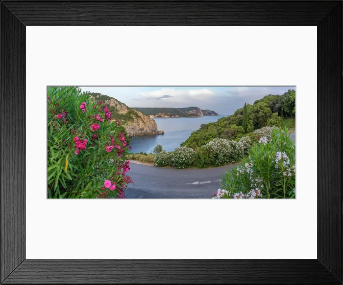 Framed Print : View of coastline from Monastery of Paleokastritsa at sunset, Palaiokastritsa, Corfu, Ionian Sea, Greek Islands, Greece, Europe Framed Print : View of coastline from Monastery of Paleokastritsa at sunset, Palaiokastritsa, Corfu, Ionian Sea, Greek Islands, Greece, Europe