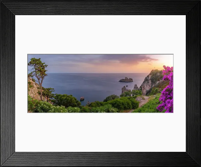 Framed Print : View of coastline from Monastery of Paleokastritsa at sunset, Palaiokastritsa, Corfu, Ionian Sea, Greek Islands, Greece, Europe Framed Print : View of coastline from Monastery of Paleokastritsa at sunset, Palaiokastritsa, Corfu, Ionian Sea, Greek Islands, Greece, Europe
