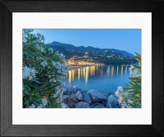 Framed Print : View of Ionian Sea and Ipsos Beach in Ipsos at dusk, Ipsos, Corfu, Ionian Sea, Greek Islands, Greece, Europe Framed Print : View of Ionian Sea and Ipsos Beach in Ipsos at dusk, Ipsos, Corfu, Ionian Sea, Greek Islands, Greece, Europe